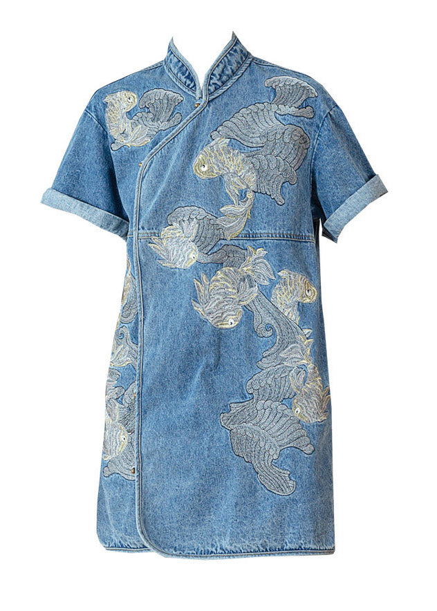 Unique Blue Stand Collar Embroideried Side Open Button Cotton Denim Mid Dress Short Sleeve