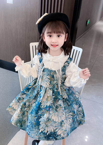 Unique Blue Tasseled Patchwork Cotton Kids Dresses Sets 2 Pieces Fall