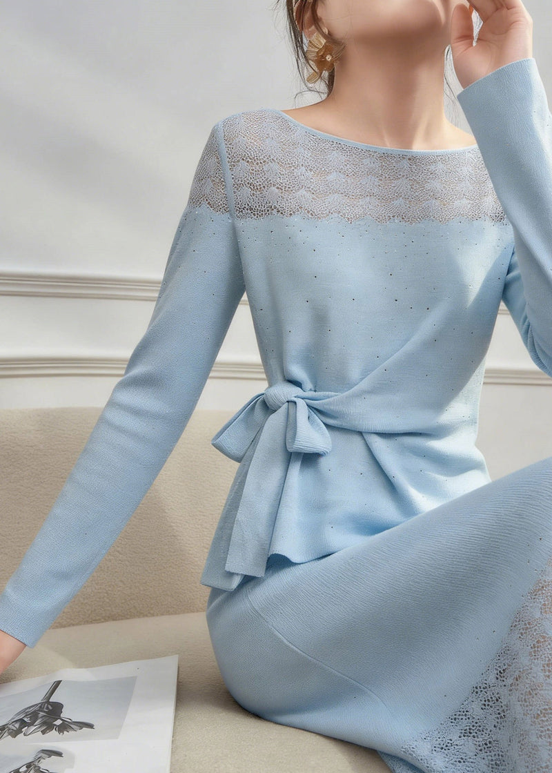Unique Blue Tie Waist Knit Top and Maxi Skirts Two Piece Set Spring