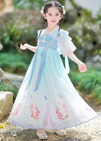 Unique Blue V Neck Embroideried Tassel Kids Maxi Dresses Short Sleeve