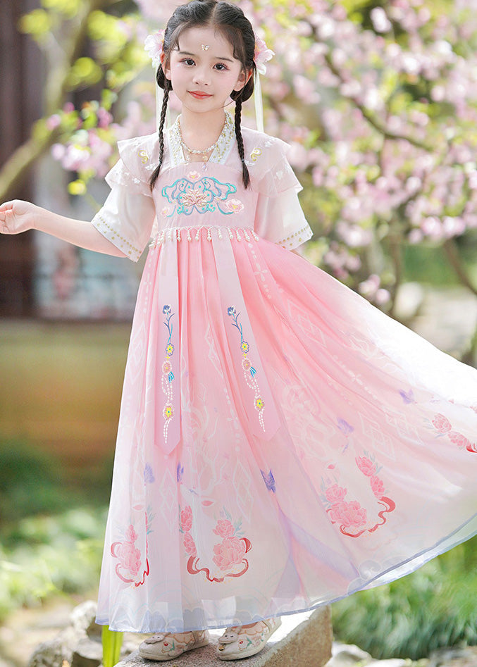 Unique Blue V Neck Embroideried Tassel Kids Maxi Dresses Short Sleeve