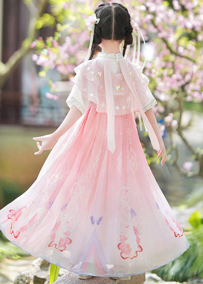 Unique Blue V Neck Embroideried Tassel Kids Maxi Dresses Short Sleeve