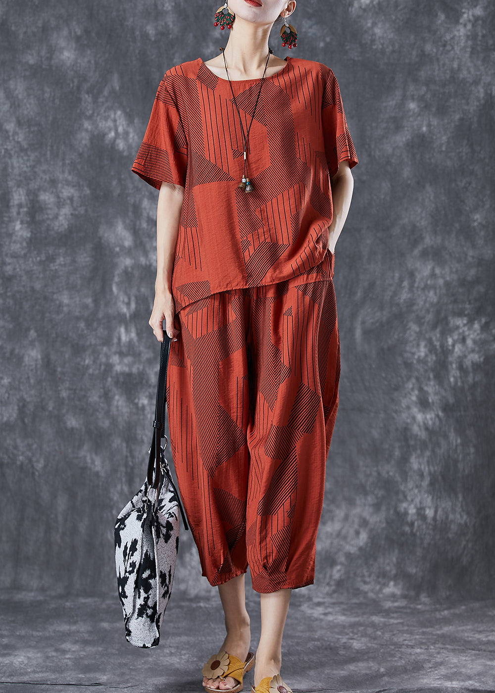 Unique Brick Red Oversized Print Cotton Sets 2 Pieces Summer