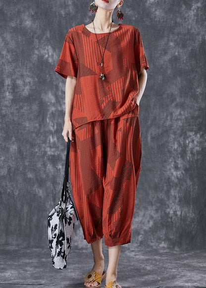 Unique Brick Red Oversized Print Cotton Sets 2 Pieces Summer