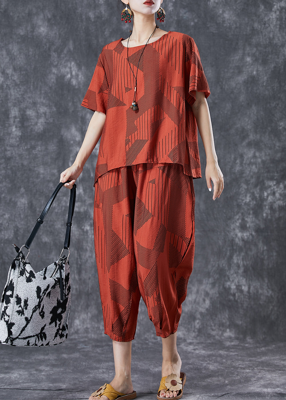 Unique Brick Red Oversized Print Cotton Sets 2 Pieces Summer