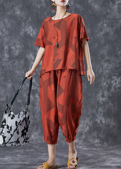 Unique Brick Red Oversized Print Cotton Sets 2 Pieces Summer
