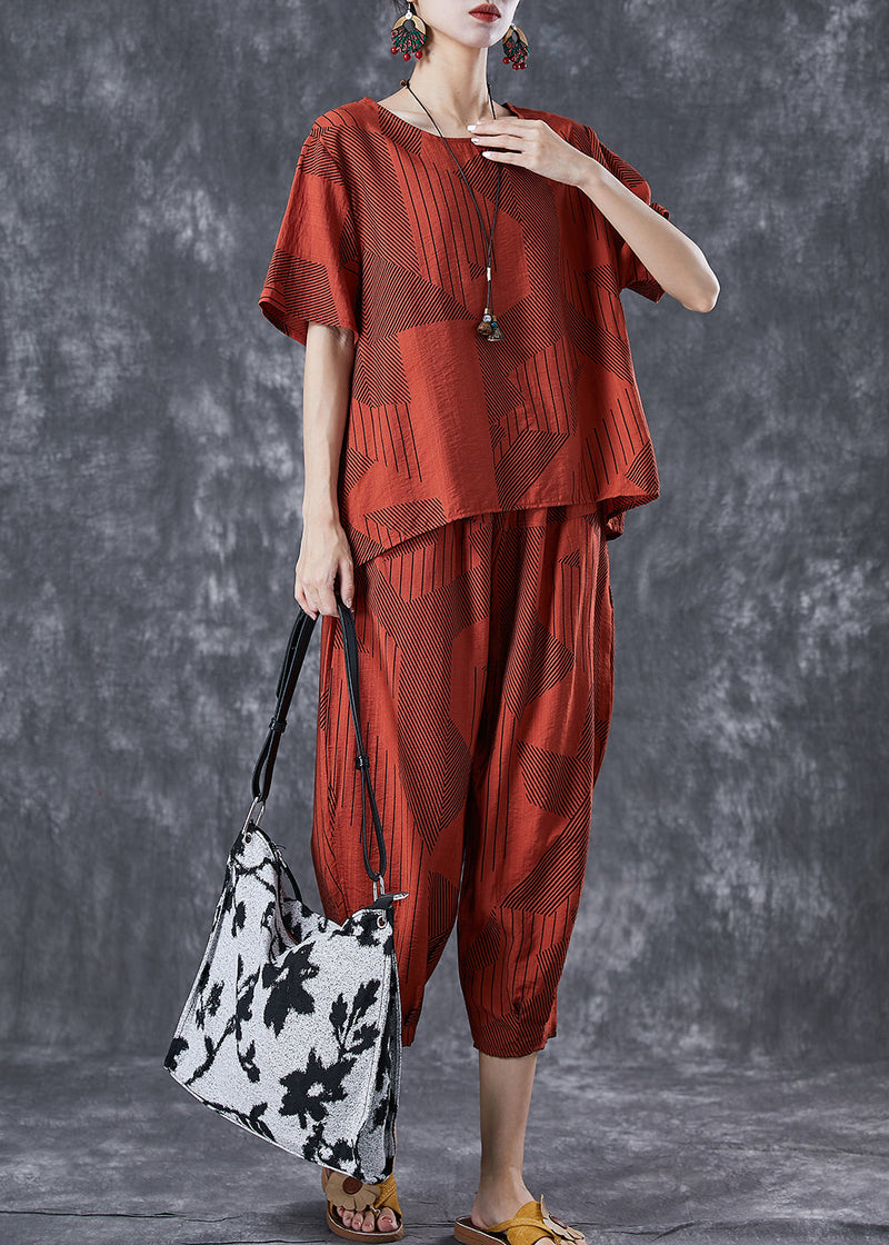 Unique Brick Red Oversized Print Cotton Sets 2 Pieces Summer