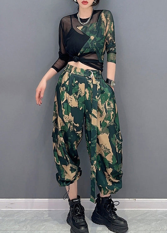 Unique Camouflage Print Tulle Patchwork Top and Pants Two Pieces Set Spring