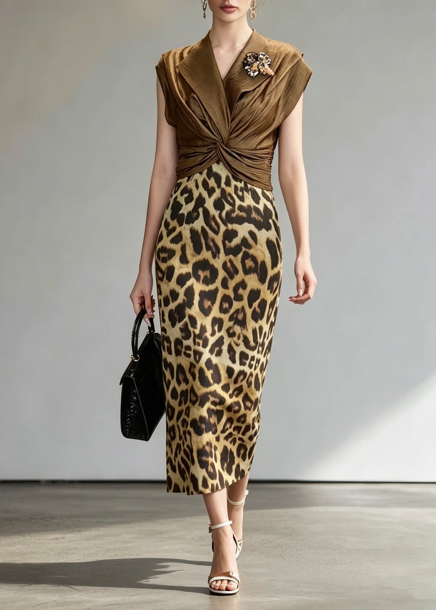 Unique Coffee Leopard Patchwork False Two Pieces Dress Summer