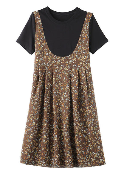 Unique Coffee O-neck Patchwork Chiffon Long Dress Summer