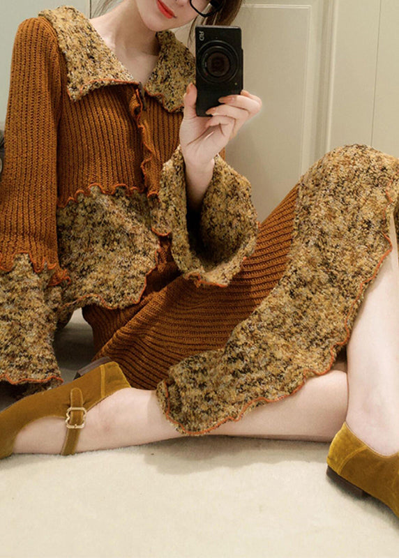 Unique Coffee Peter Pan Collar Ruffled Patchwork Cotton Knit Top and Maxi Skirts Two Pieces Set Flare Sleeve