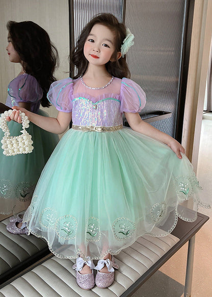 Unique Colorblock Embroideried Patchwork Tulle Kids Long Dresses Summer