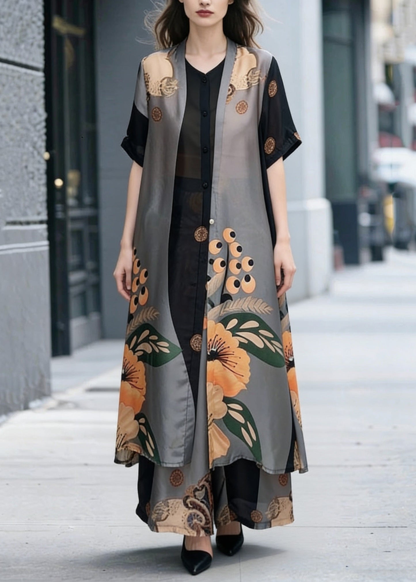 Unique Colorblock Stand Collar Patchwork Print Chiffon 2 Piece Outfit Summer