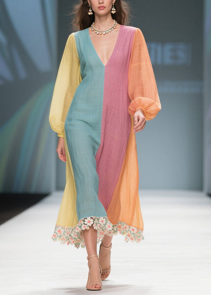 Unique Colorblock V Neck Patchwork Cotton Dresses Lantern Sleeve
