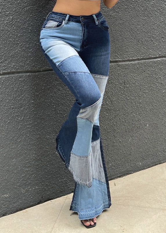 Unique Denim Blue High Waist Patchwork Flared Pants Summer