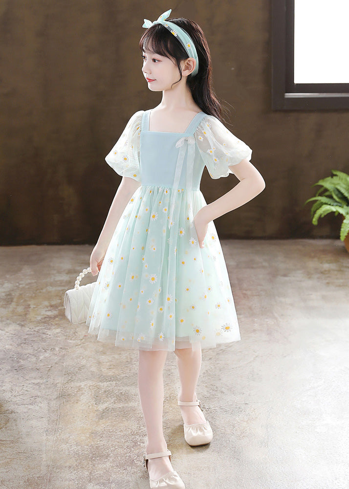Unique Green Embroideried Patchwork Wrinkled Tulle Mid Dress Summer
