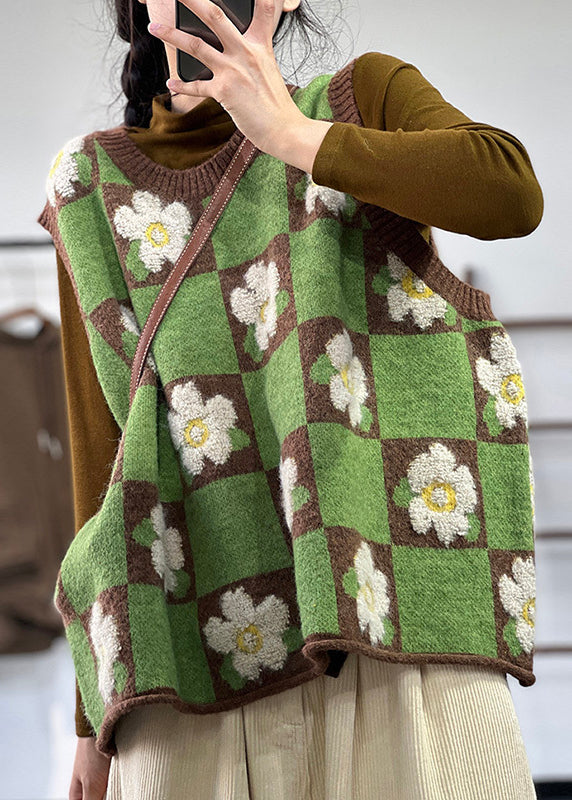 Unique Green Jacquard Thick Knit Vest Tops Spring