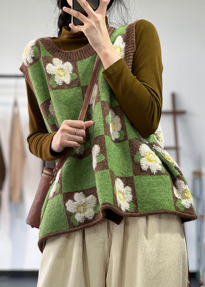 Unique Green Jacquard Thick Knit Vest Tops Spring