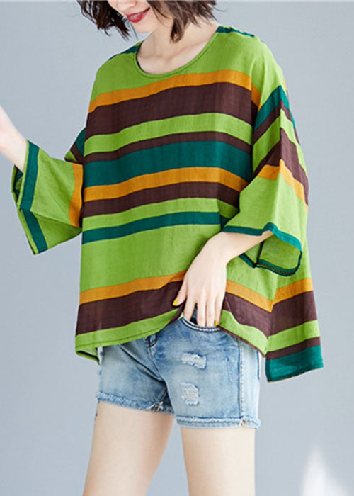 Unique Green O-neck Asymmetrical Striped T Shirt Summer