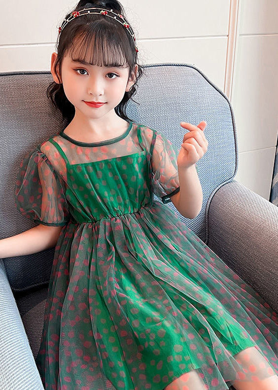 Unique Green O-neck Dot Patchwork Tulle Long Dress Summer