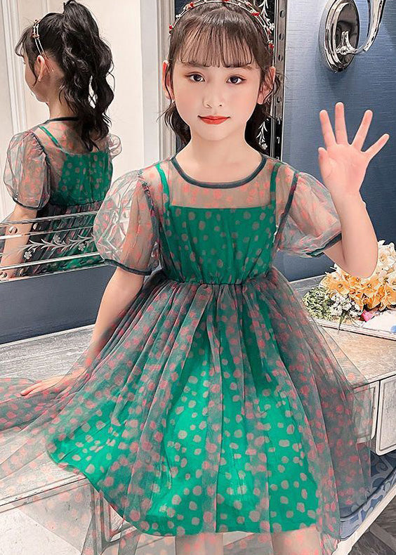 Unique Green O-neck Dot Patchwork Tulle Long Dress Summer