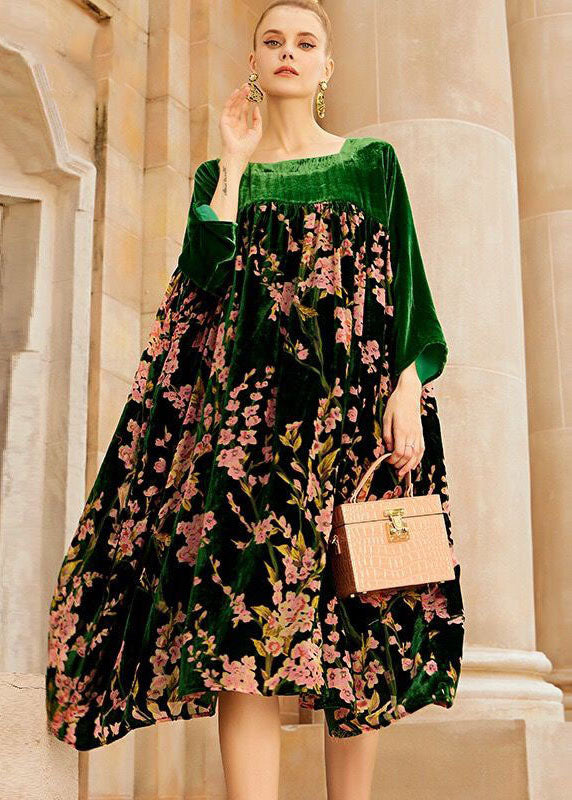 Unique Green O-neck Patchwork Print Silk Velour Long Dresses Bracelet Sleeve