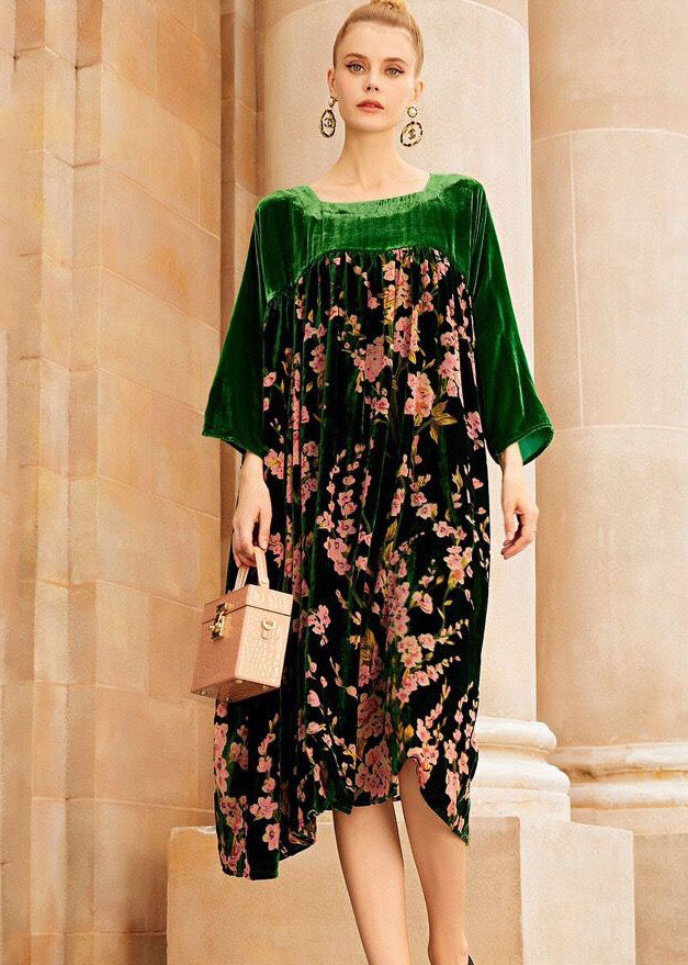 Unique Green O-neck Patchwork Print Silk Velour Long Dresses Bracelet Sleeve