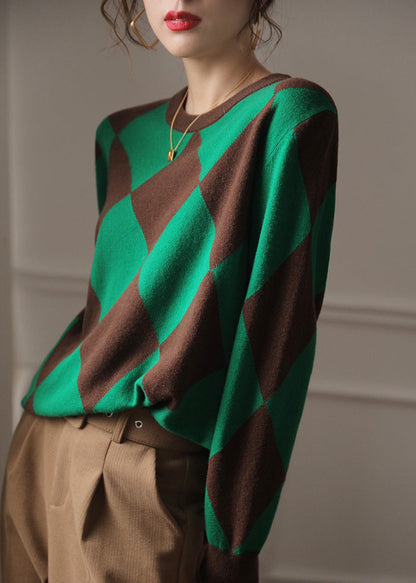 Unique Green Plaid O-neck Patchwork Thick Woolen Knit Sweaters Long Sleeve