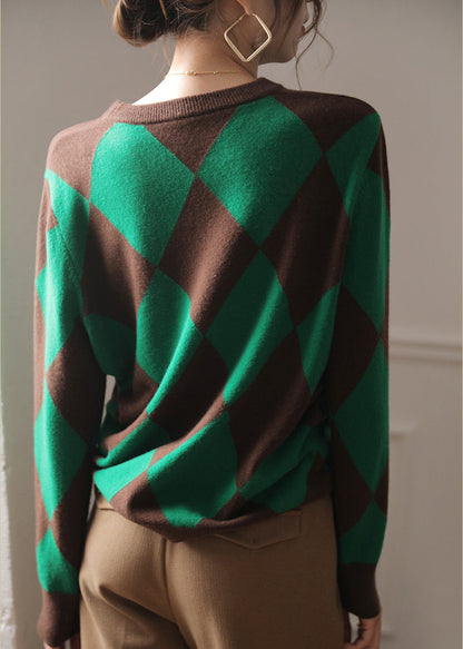 Unique Green Plaid O-neck Patchwork Thick Woolen Knit Sweaters Long Sleeve