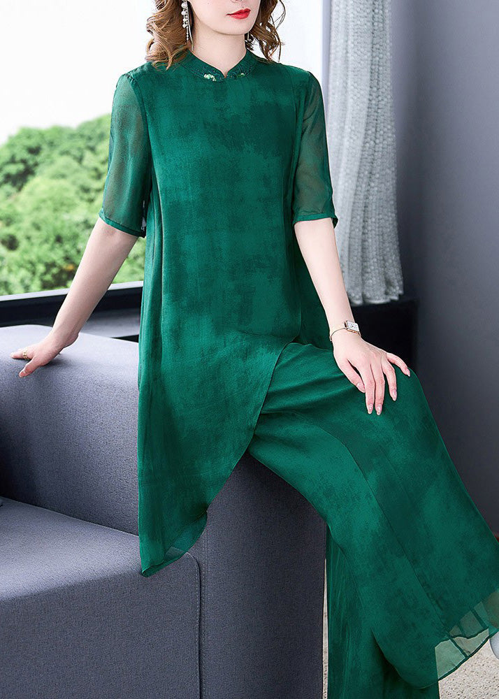 Unique Green Stand Collar Asymmetrical Silk Top and Wide Leg Pants Two Pieces Set Summer