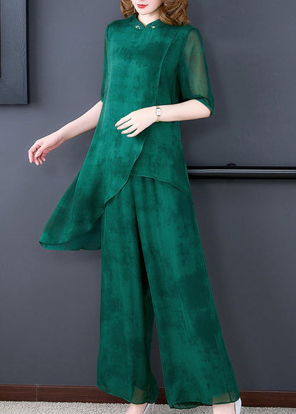 Unique Green Stand Collar Asymmetrical Silk Top and Wide Leg Pants Two Pieces Set Summer