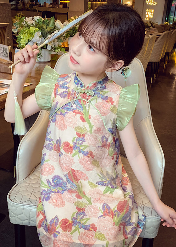 Unique Green Stand Collar Print Button Mid Dresses Sleeveless