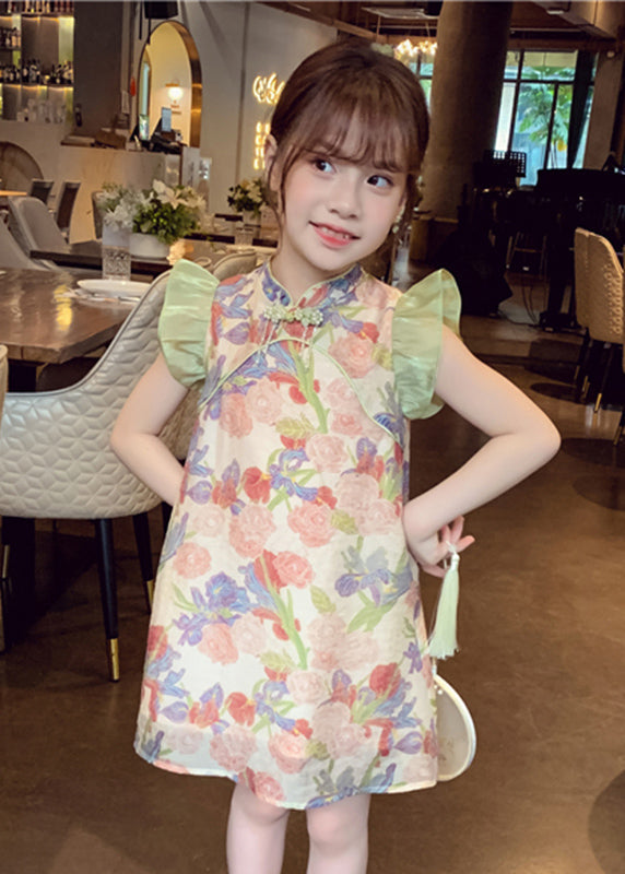 Unique Green Stand Collar Print Button Mid Dresses Sleeveless