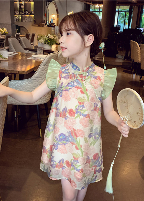 Unique Green Stand Collar Print Button Mid Dresses Sleeveless