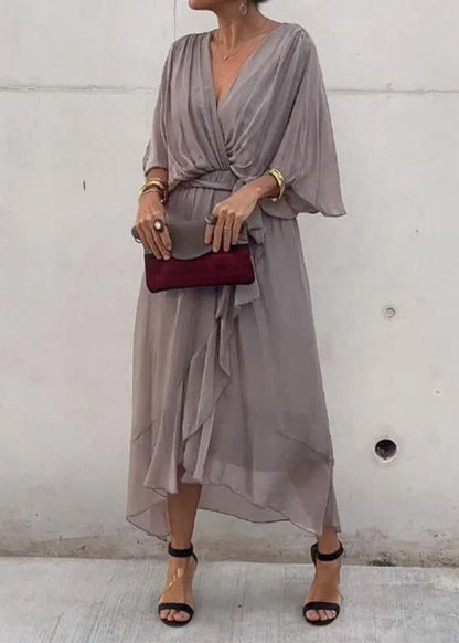 Unique Green V Neck Asymmetrical Design Chiffon Dresses Batwing Sleeve