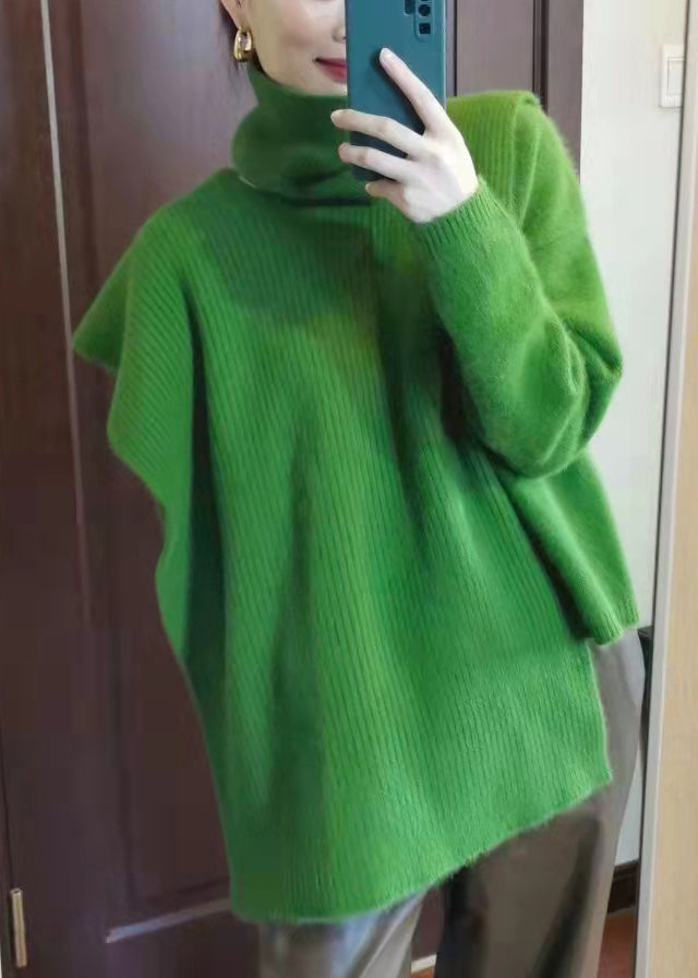 Unique Green Asymmetrical Design Turtle Neck Thick Knit Sweaters Long Sleeve