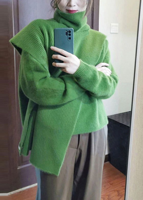 Unique Green Asymmetrical Design Turtle Neck Thick Knit Sweaters Long Sleeve