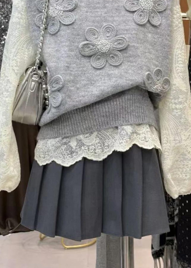 Unique Grey Knit Vest and Shirts 2 Piece Outfit Spring