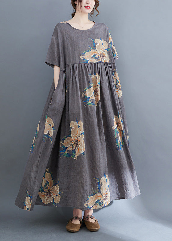 Unique Grey O-neck Print Patchwork Robe Dresses Summer