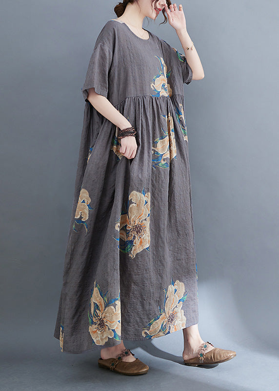 Unique Grey O-neck Print Patchwork Robe Dresses Summer