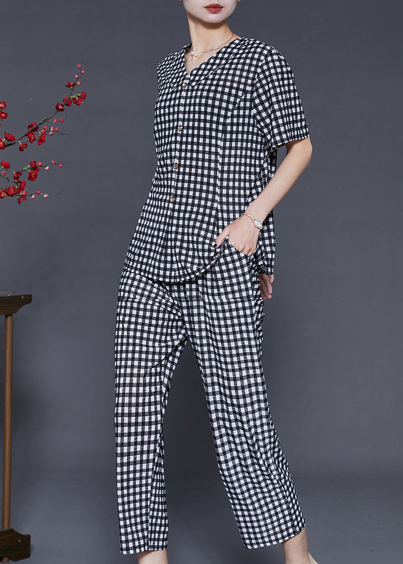 Unique Grey Oversized Plaid Linen Two Piece Set Summer