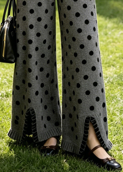 Unique Grey Ruffled Dot Print Knit Wide Leg Pants Fall