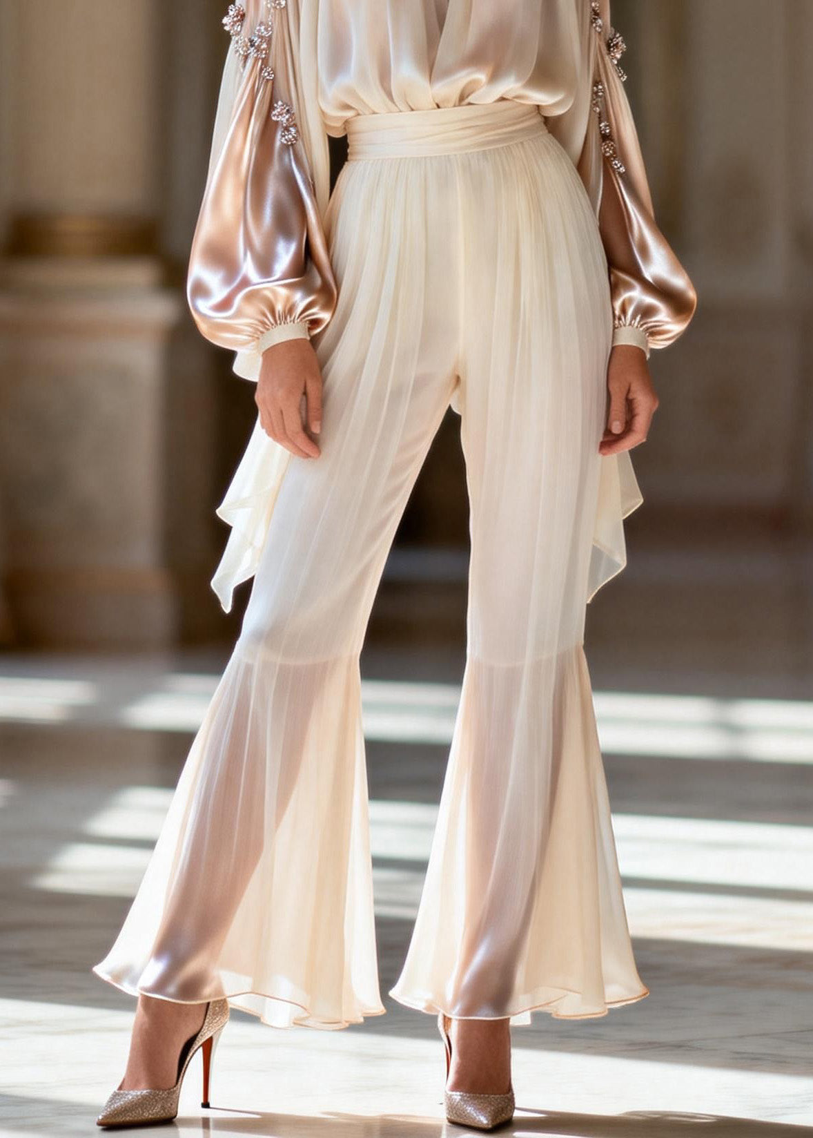 Unique Hign Neck Zircon Wrinkled Silk Two Piece Set Spring