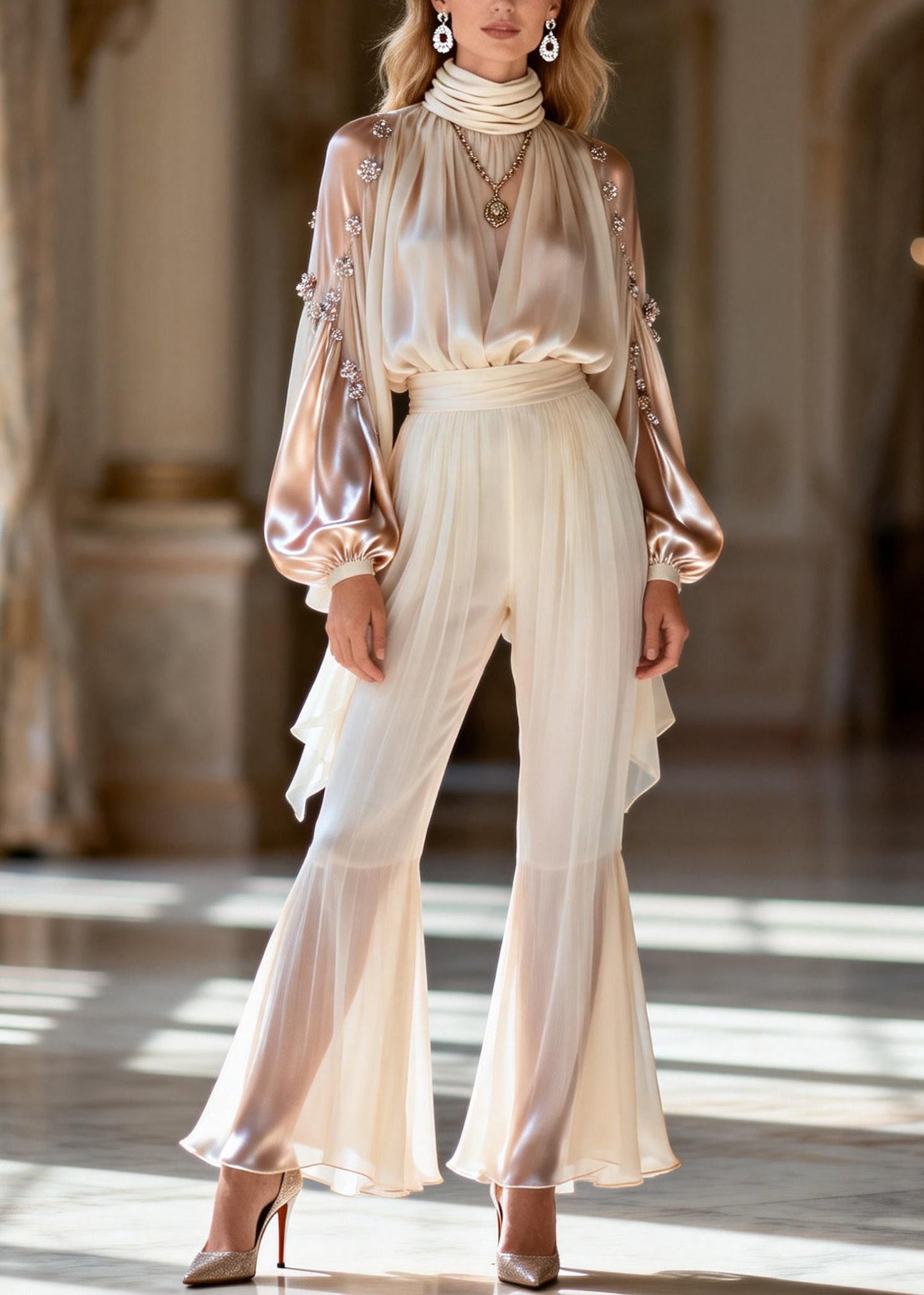 Unique Hign Neck Zircon Wrinkled Silk Two Piece Set Spring