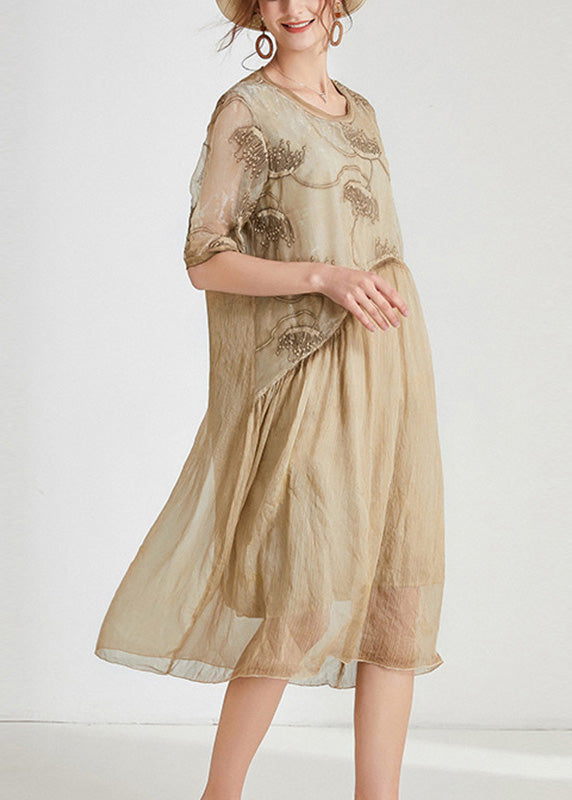 Unique Khaki O-neck Cozy Chiffon Maxi Dress Short Sleeve