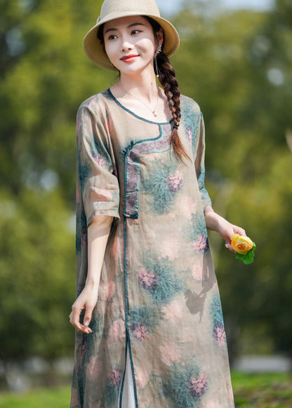 Unique Khaki O-neck Print Patchwork Linen Mid Dresses Summer