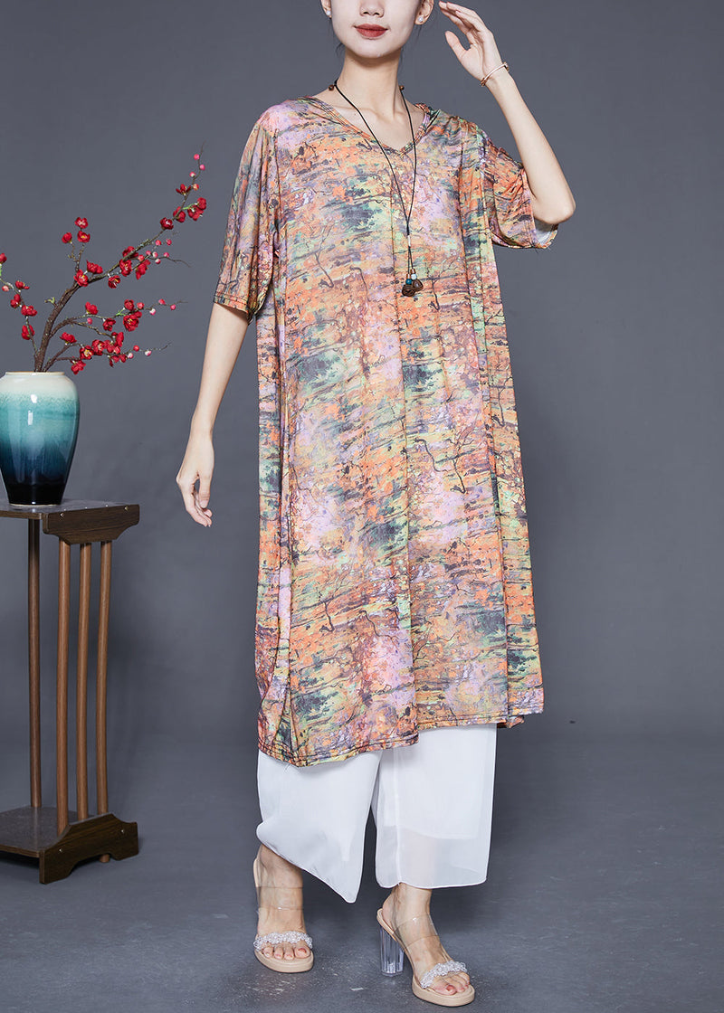 Unique Khaki V Neck Tie Dye Silk Long Dress Summer