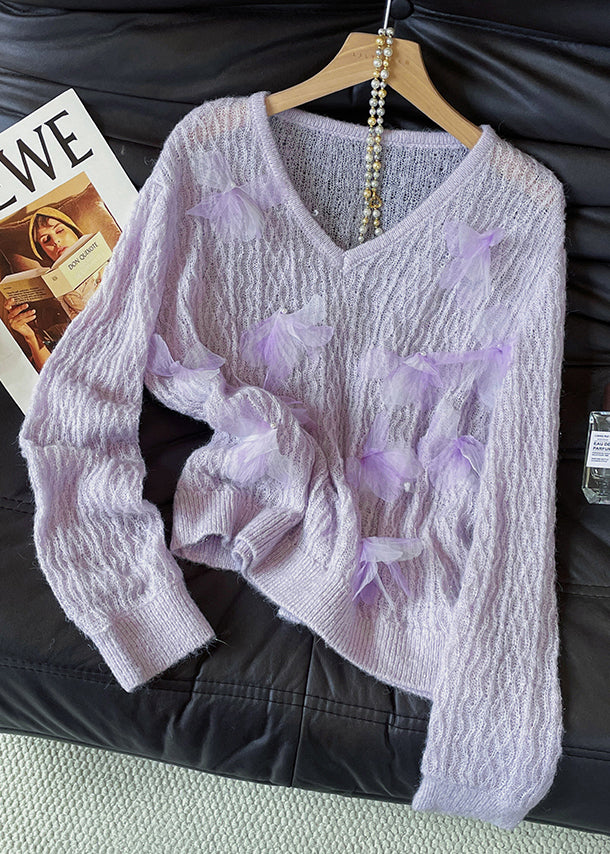 Unique Lavender V Neck Decorated Knit Pullover Fall