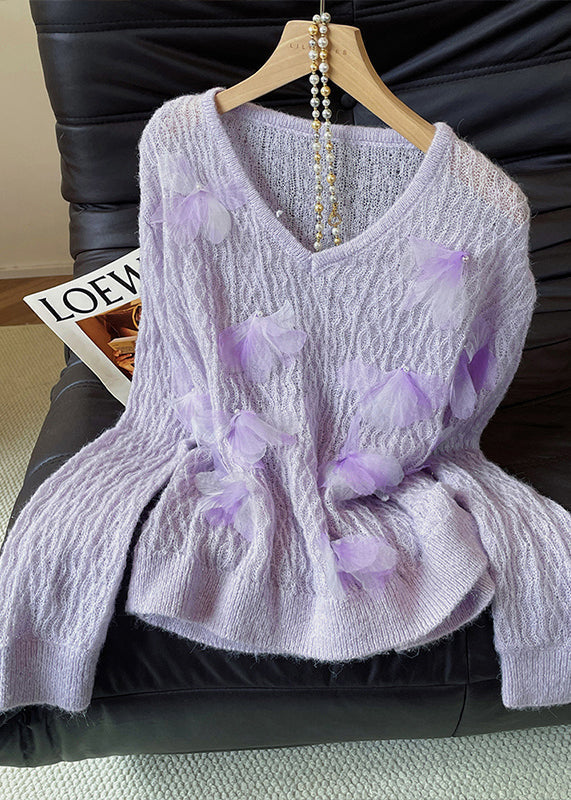 Unique Lavender V Neck Decorated Knit Pullover Fall