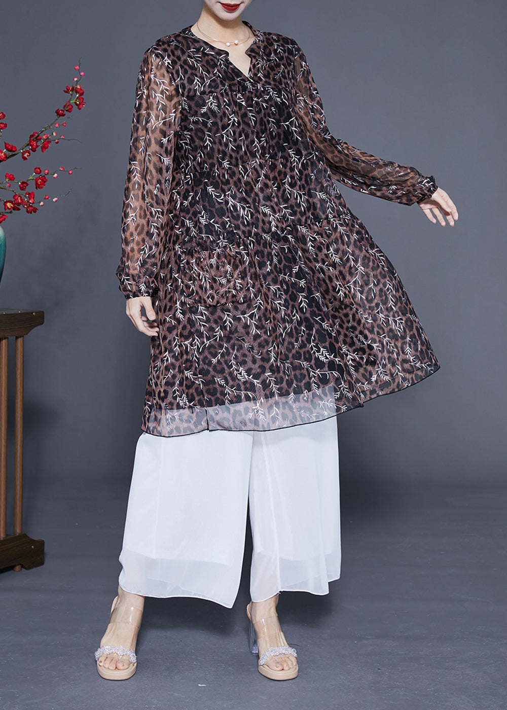 Unique Leopard Print Hollow Out Chiffon a Line Dress Summer